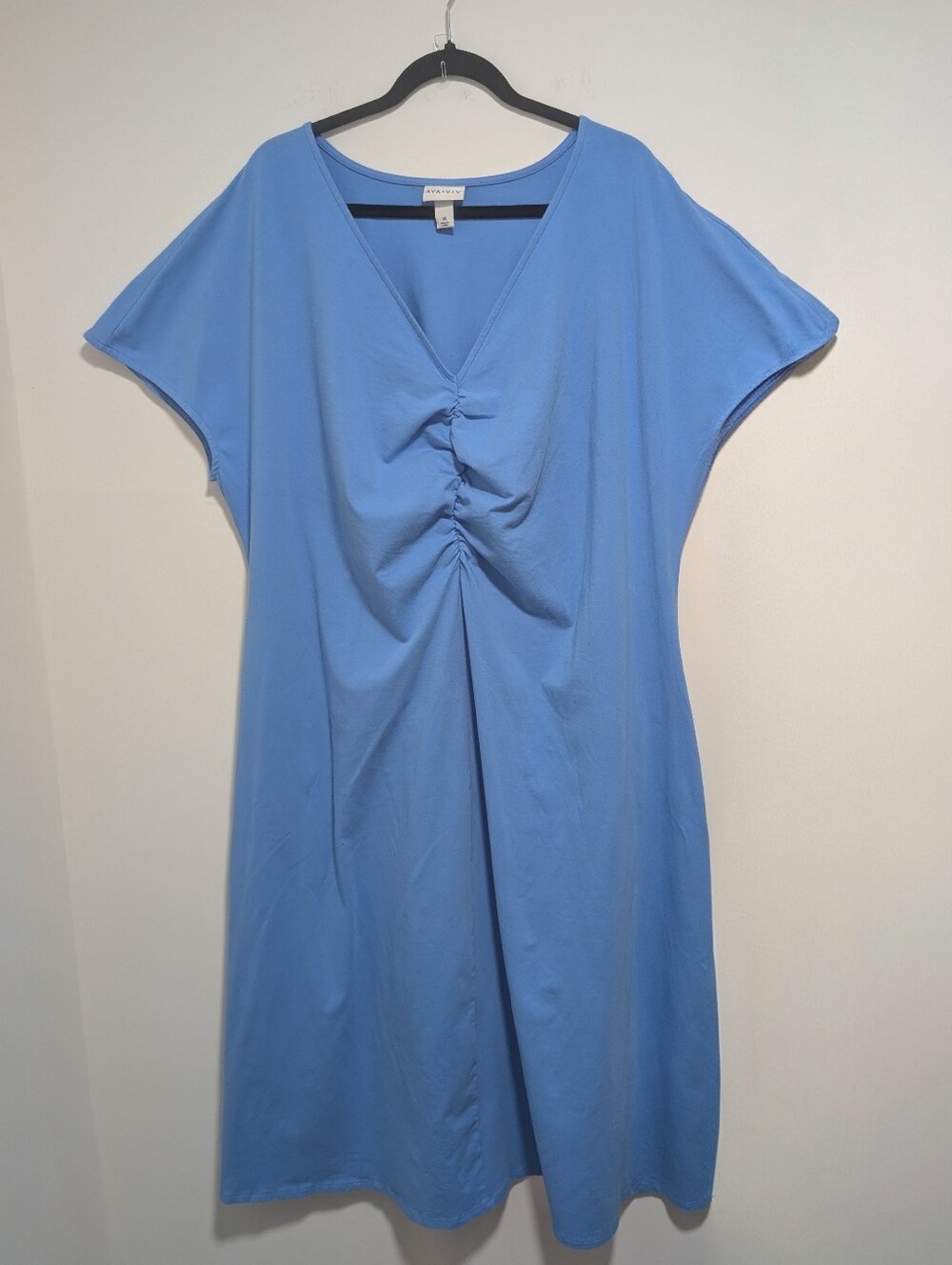 Ava & Viv | Ruched V-Neck Short Sleeve Dress In Blue